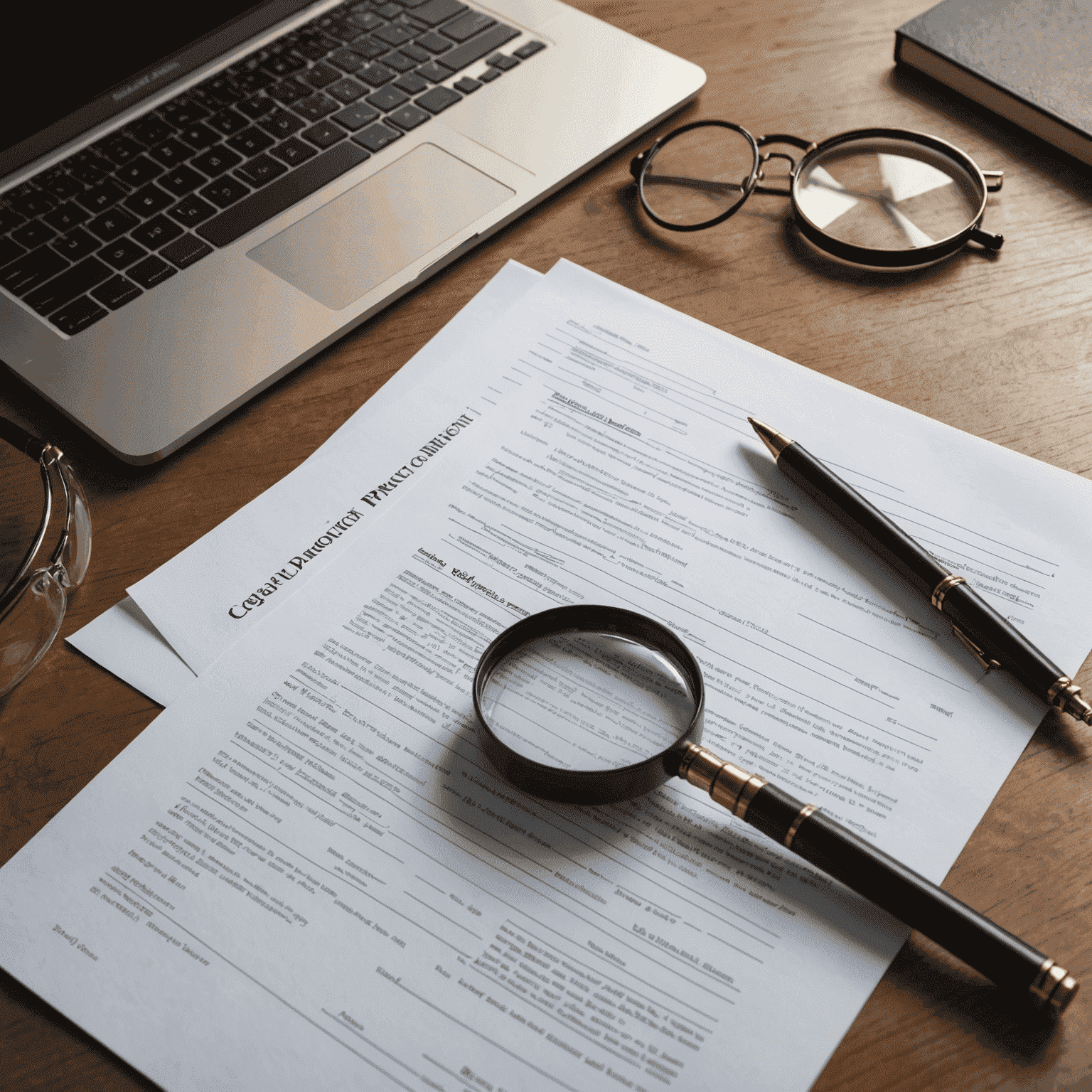 A desk with legal documents, a laptop, and a magnifying glass, symbolizing the meticulous process of legal document preparation