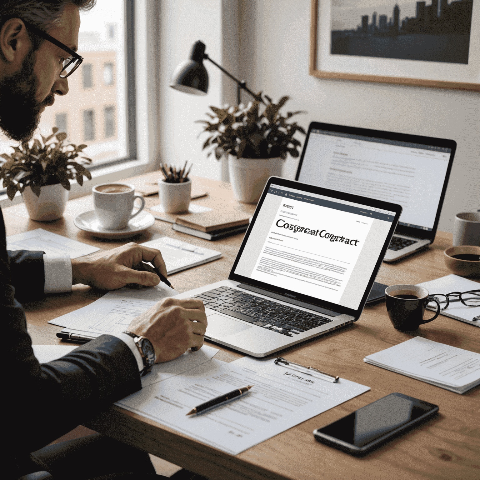 A professional desk with legal documents, a laptop, and a small business owner reviewing contracts