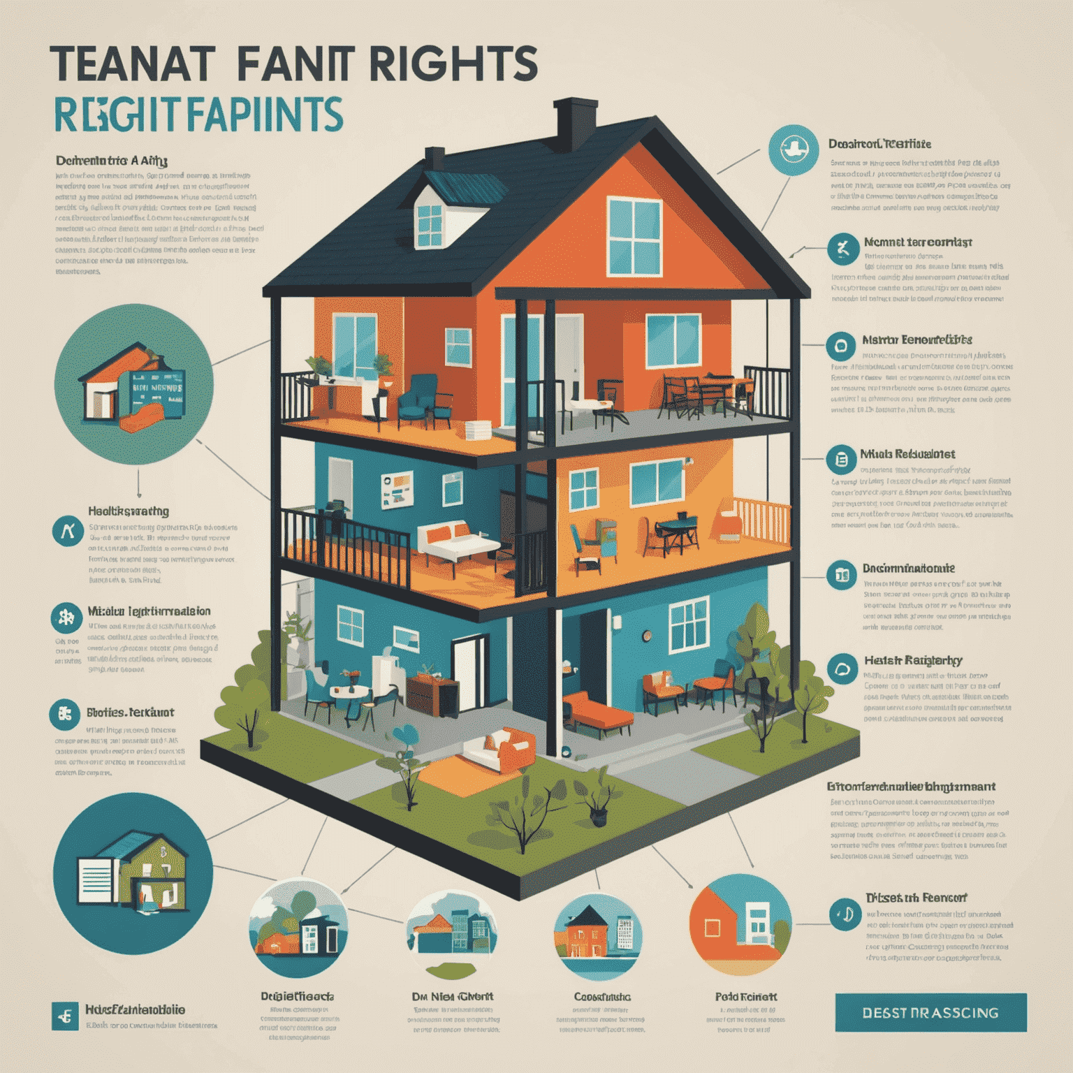 A infographic showing tenant rights, with icons representing habitability, privacy, non-discrimination, and due process